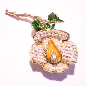 Vintage Gold Tone Enamel and Aurora Borealis Rhinestone Flower Brooch
